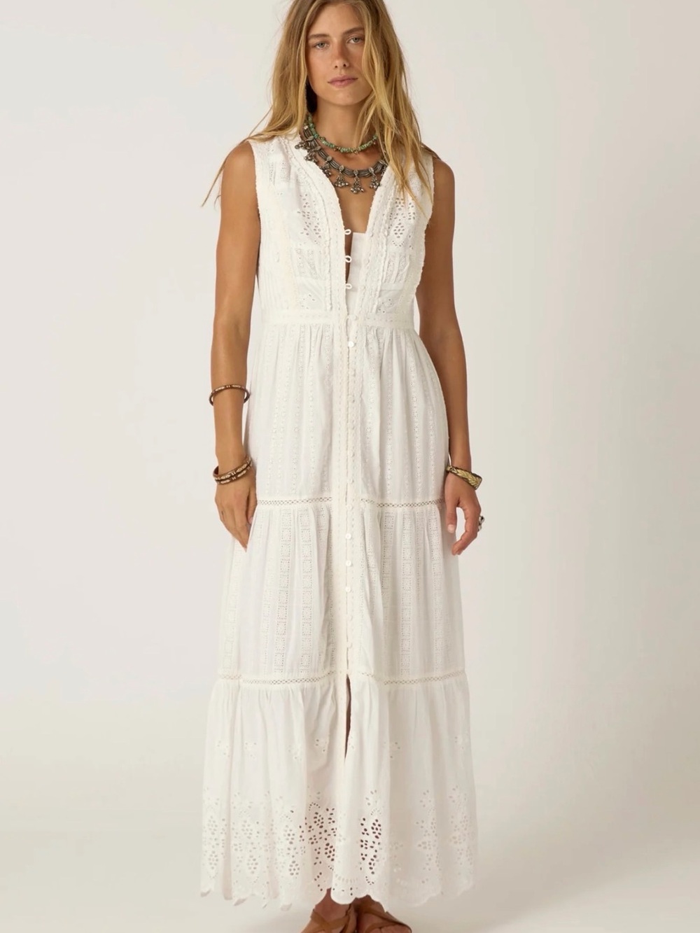Madison Hotel Gino Dress - White Eyelet Maxi Dress - Sleeveless Button-Front